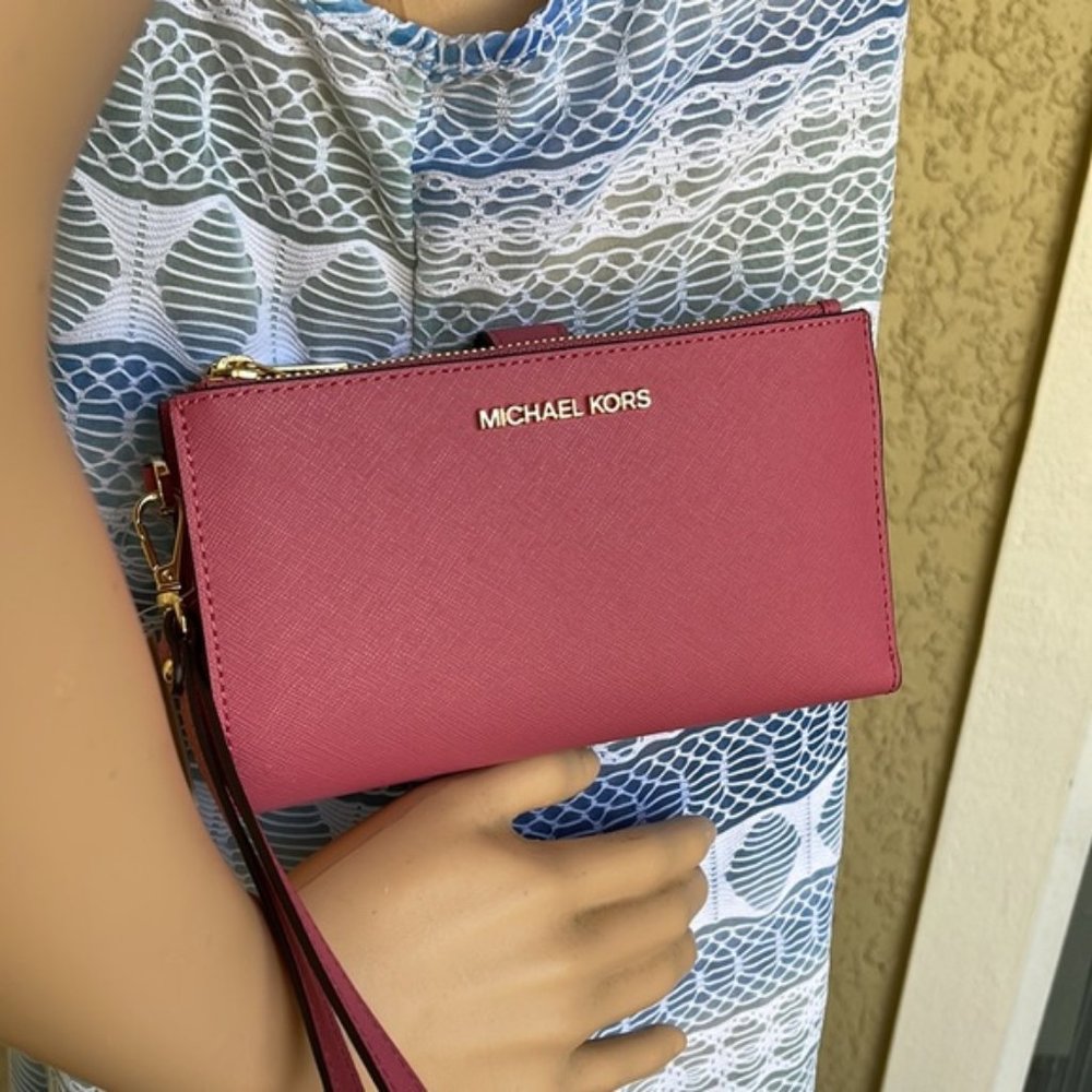 Michael Kors Jet Set Travel Large Double Zip Wristlet Wallet Rosewood Leather - Picture 14 of 16